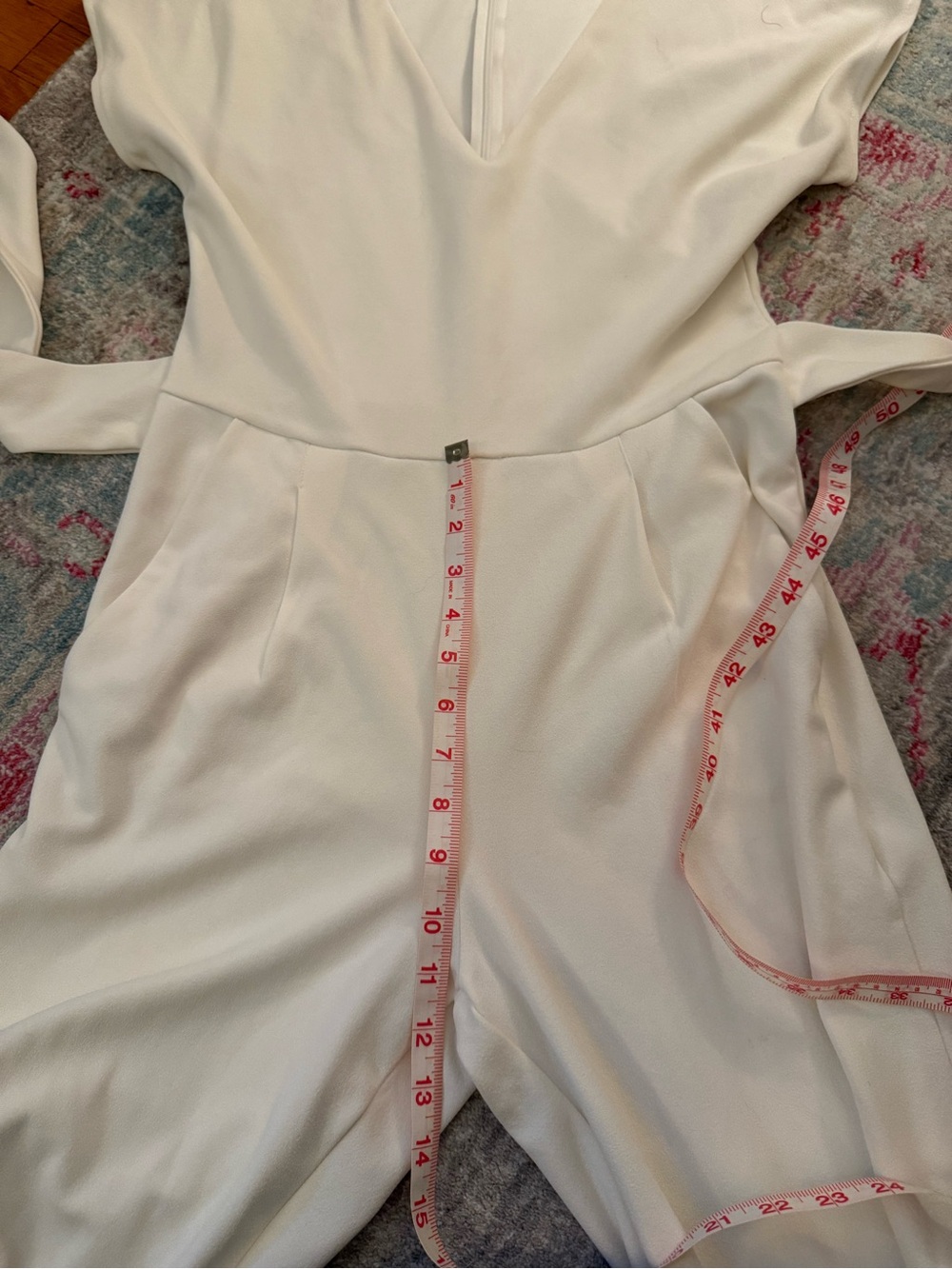 Express V-Neck Tie Waist Straight Leg Jumpsuit with Pockets-White - Picture 6 of 14